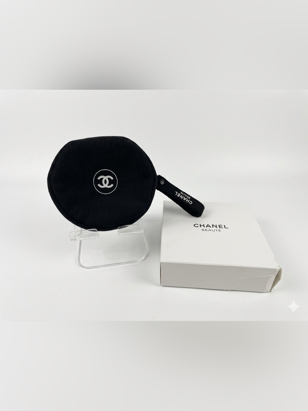Authentic CHANEL Beauté Black Woven Twill Round VIP Gift Pouch + Box
